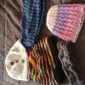 5 hand made hats, headbands